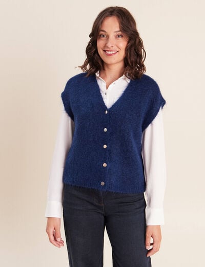 Gilet droit mi-long col v bleu marine femme