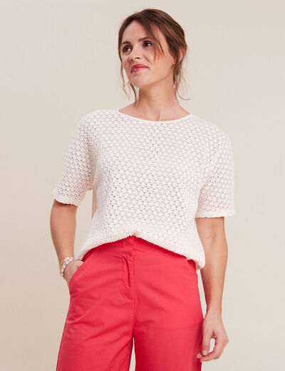 Blouse manches courtes crochet ecru femme