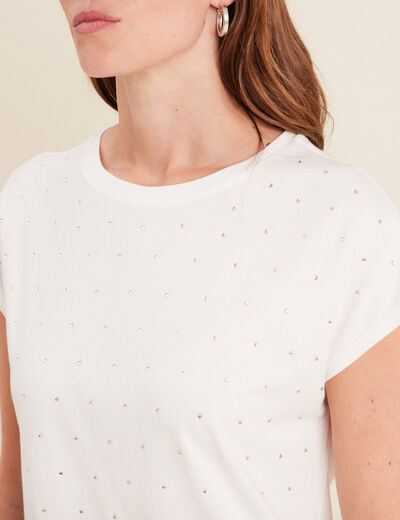 T-shirt manches courtes strass ecru femme