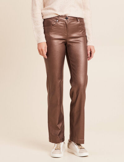 Pantalon enduit coupe large marron fonc&eacute; femme