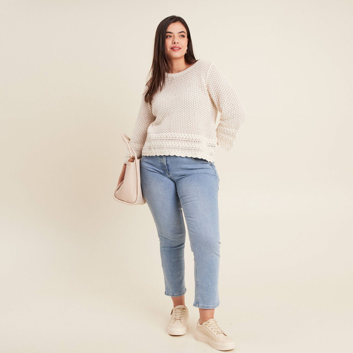 Pull manches 3/4 ajouré ecru femme