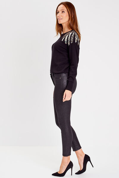 Pantalon ajusté enduit noir femme
