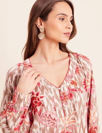 Blouse col v manches longues rose femme