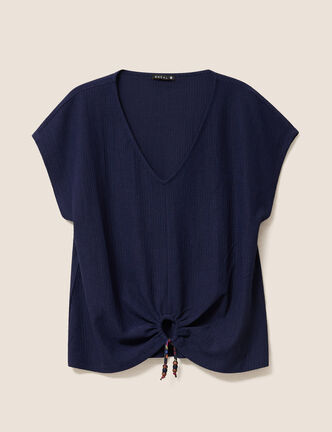 T-shirt bas resserr&eacute; manches courtes bleu marine femme