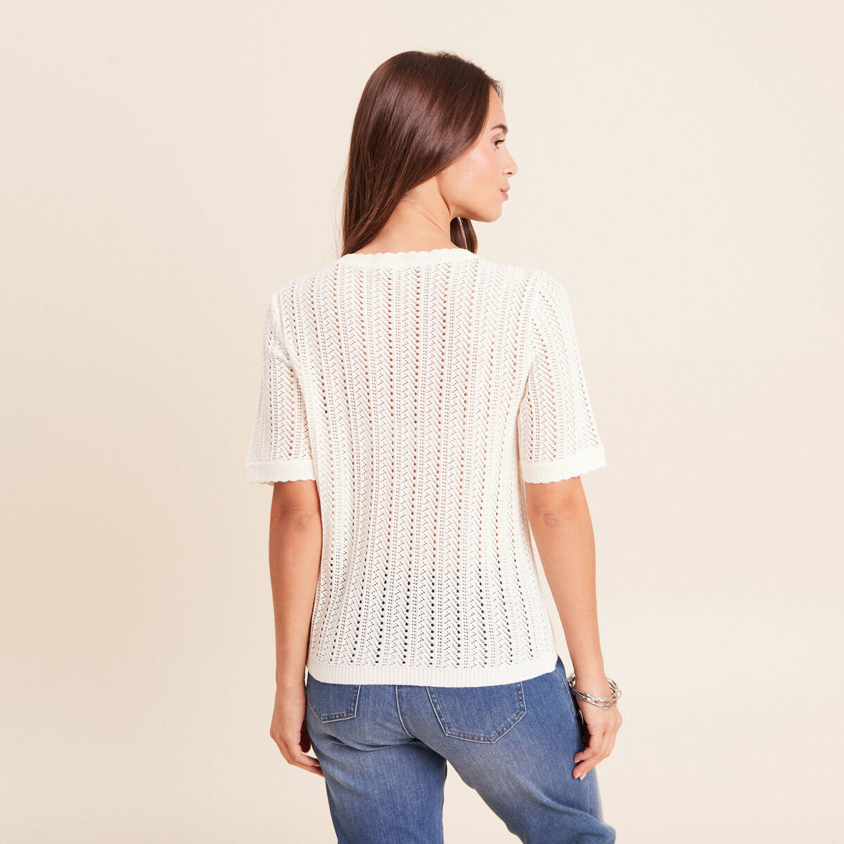 Pull ajour&eacute; col rond ecru femme