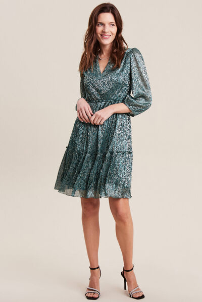 Robe évasée plissée vert foncé femme