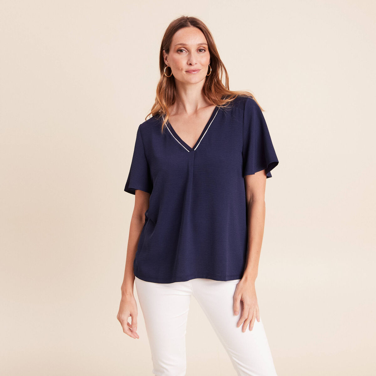 T-shirt bi-mati&egrave;re manches courtes bleu marine femme