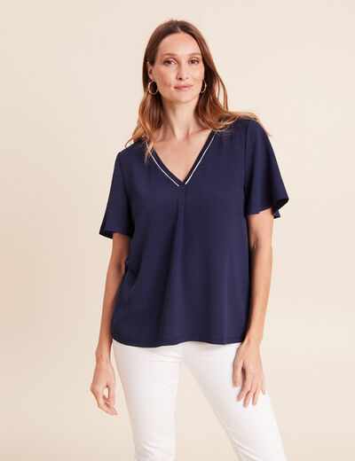 T-shirt bi-mati&egrave;re manches courtes bleu marine femme
