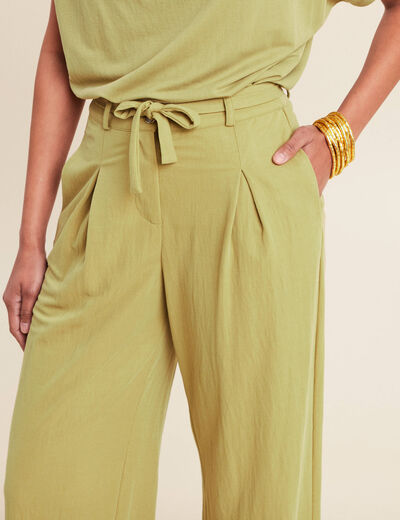 Pantalon fluide taille haute vert olive femme
