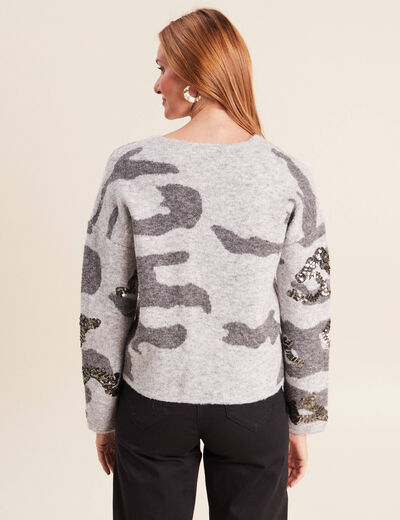 Pull col v &agrave; sequins gris femme