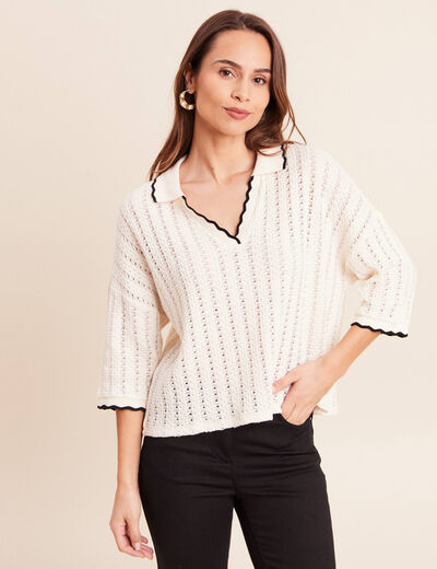 Polo manches 3/4 col chemise ecru femme