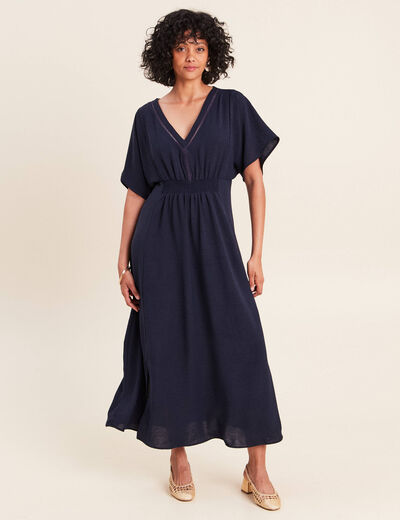 Robe longue &eacute;vas&eacute;e col v manches coudes bleu marine femme
