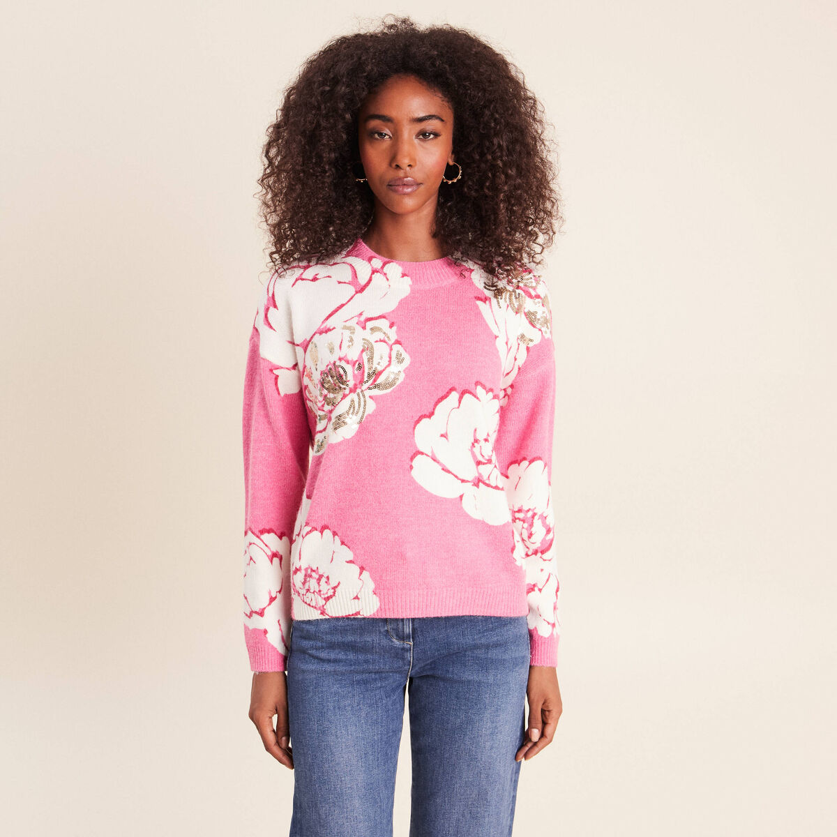 Pull col rond rose femme