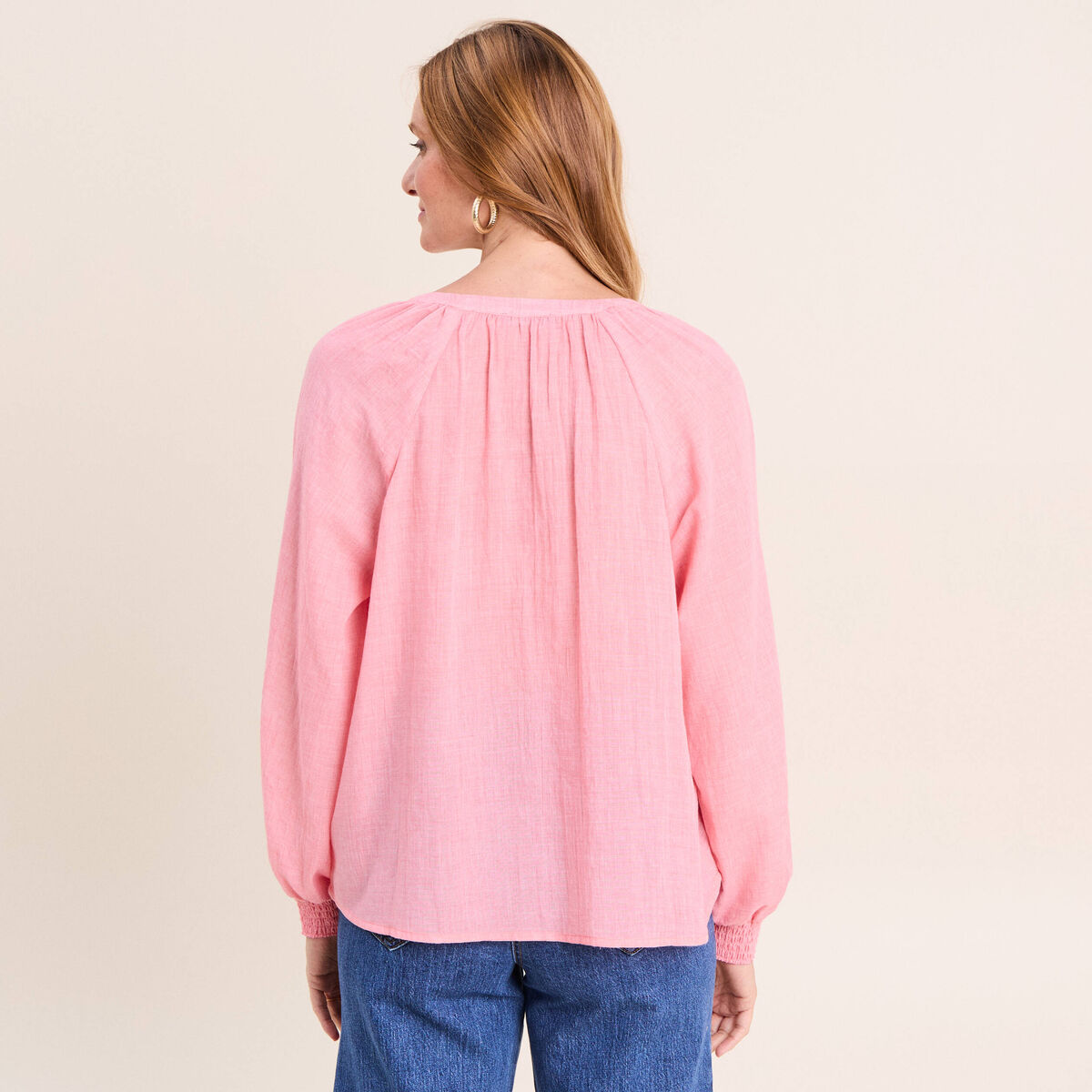 Chemise ample col v manches longues rose femme