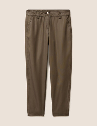 Pantalon coupe chino 7/8&egrave;me effet enduit vert kaki femme