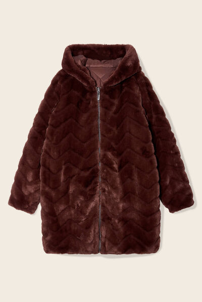 Manteau fausse fourrure réversible marron foncé femme