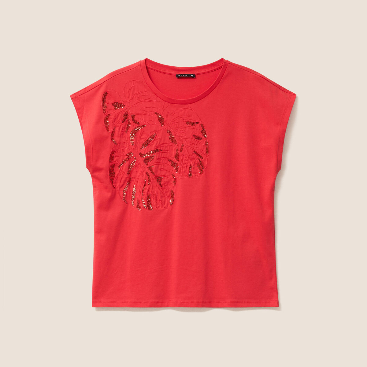 T-shirt &agrave; sequins manches courtes rouge femme