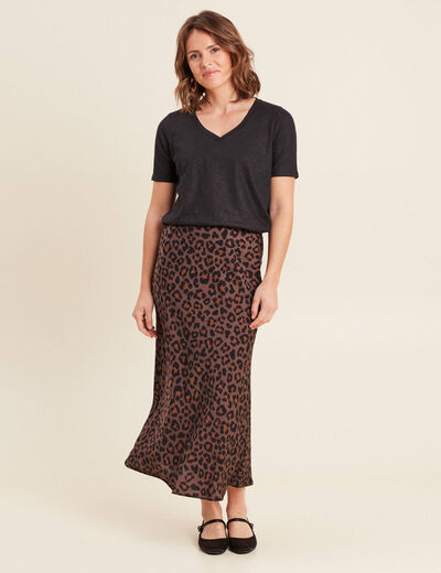 Jupe longue effet satin marron femme