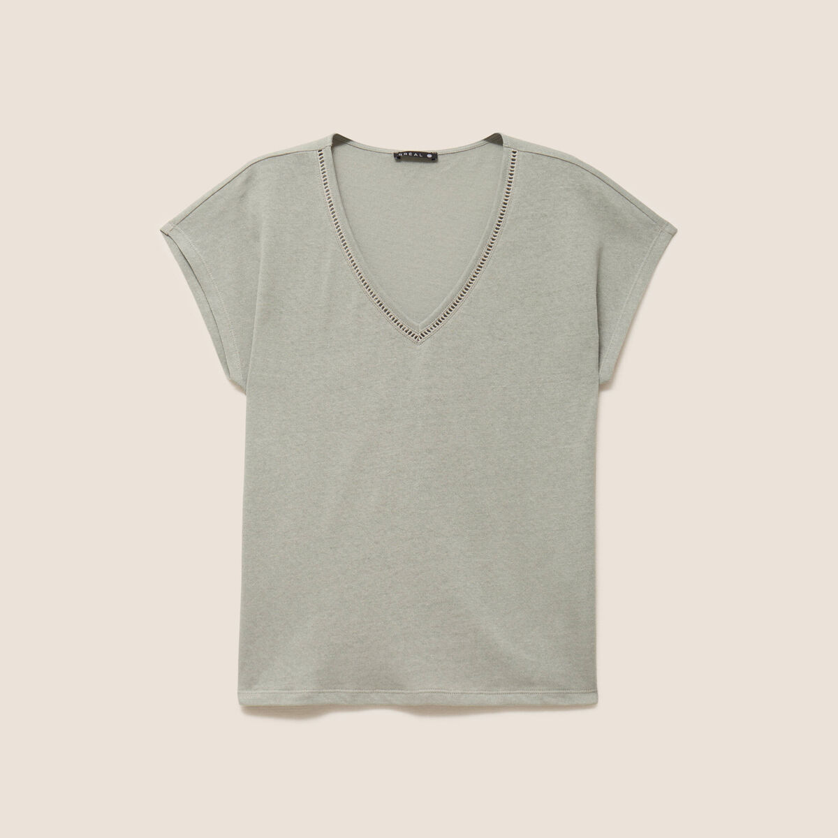 T-shirt col v manches courtes aspect lin vert clair femme