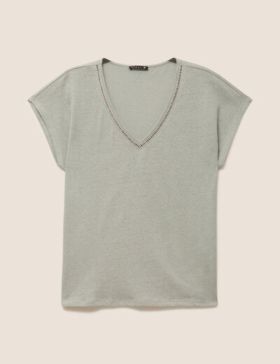 T-shirt col v manches courtes aspect lin vert clair femme