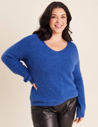 Pull col v bleu electrique femme