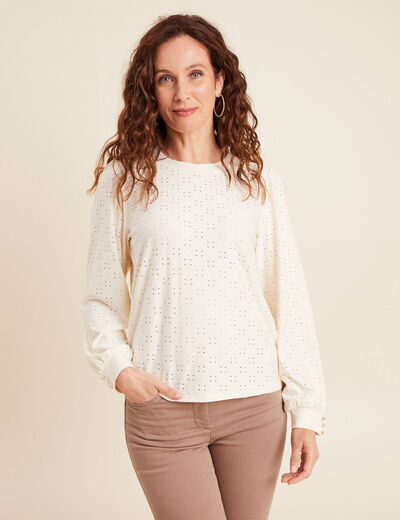 Top dentelle col rond manches longues ecru femme
