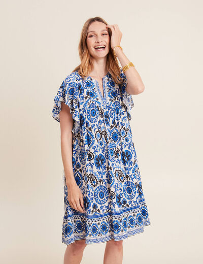 Robe évasée col tunisien bleu femme