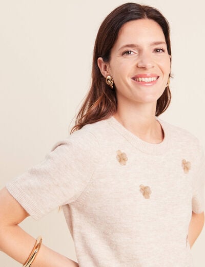 Pull manches courtes d&eacute;tails bijout&eacute;s beige femme