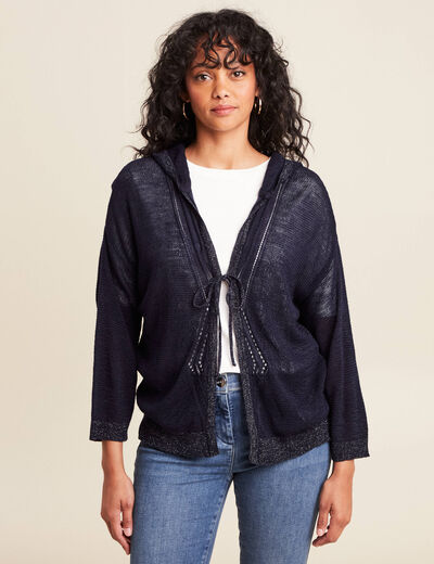 Gilet droit mi-long à capuche bleu marine femme