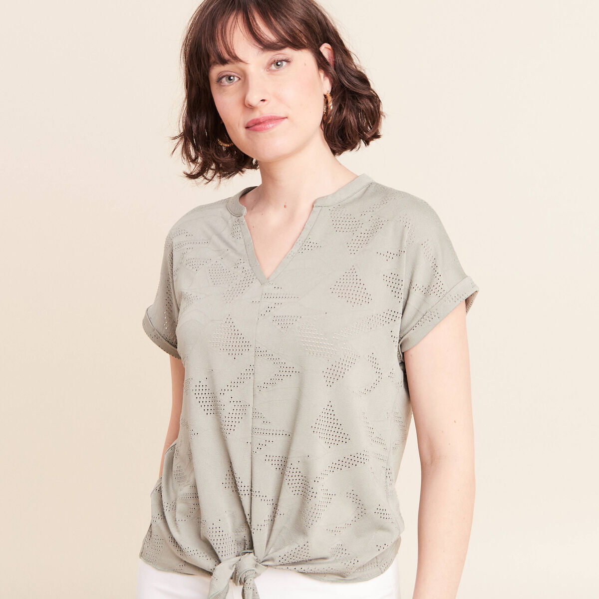 T-shirt col tunisien manches courtes vert clair femme
