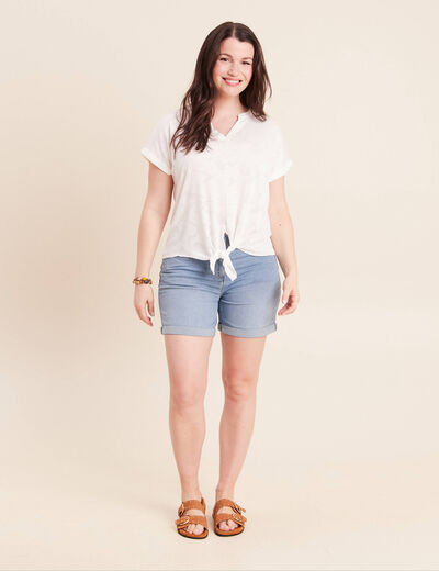 T-shirt col tunisien manches courtes blanc femme