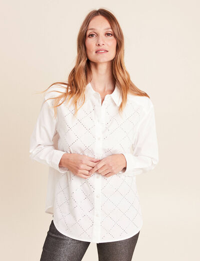 Chemise manches longues en coton strass blanc femme