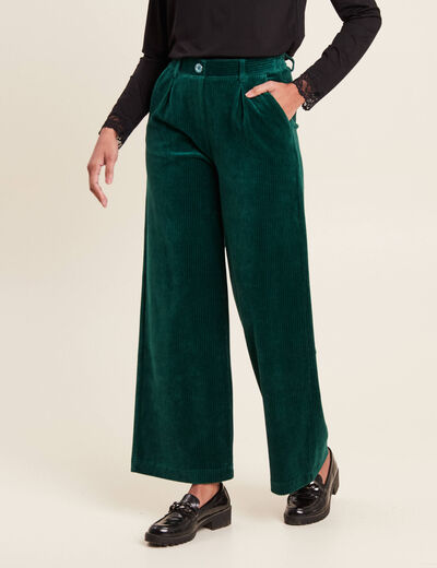 Pantalon large velours vert foncé femme
