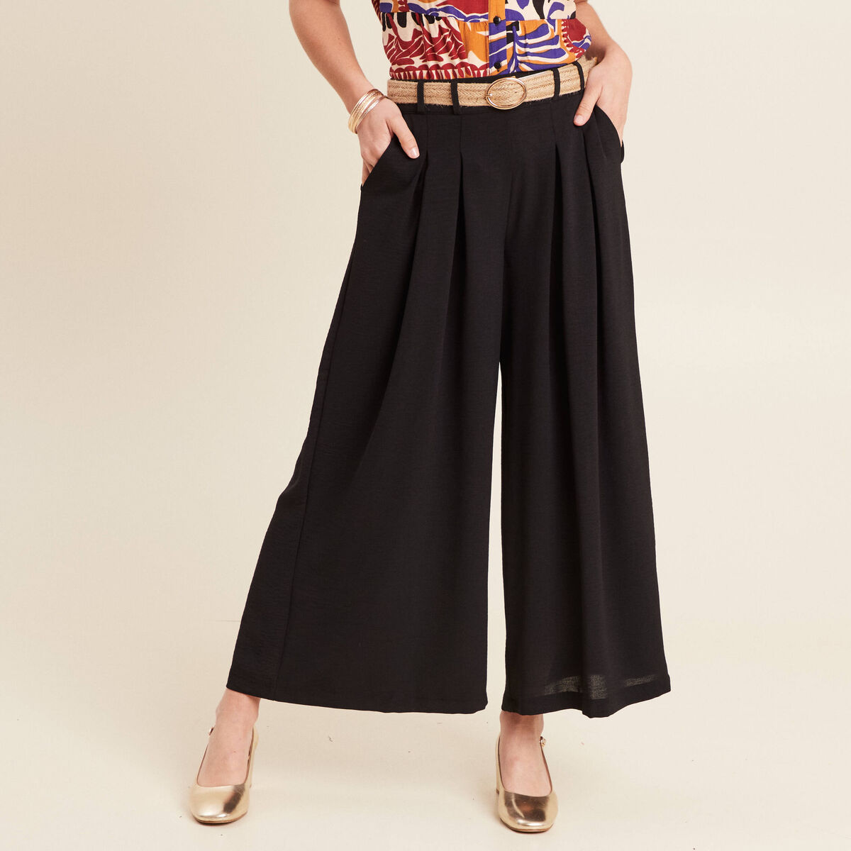 Pantalon jupe-culotte large noir femme