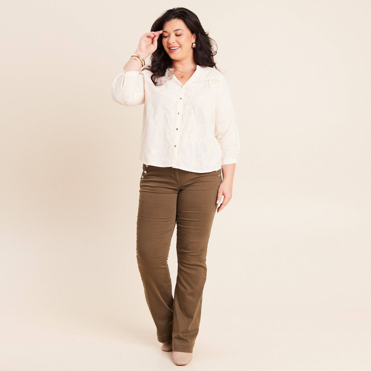Blouse col tunisien manches 3/4 ecru femme