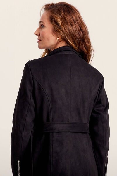 Manteau cintré suédine capuche noir femme