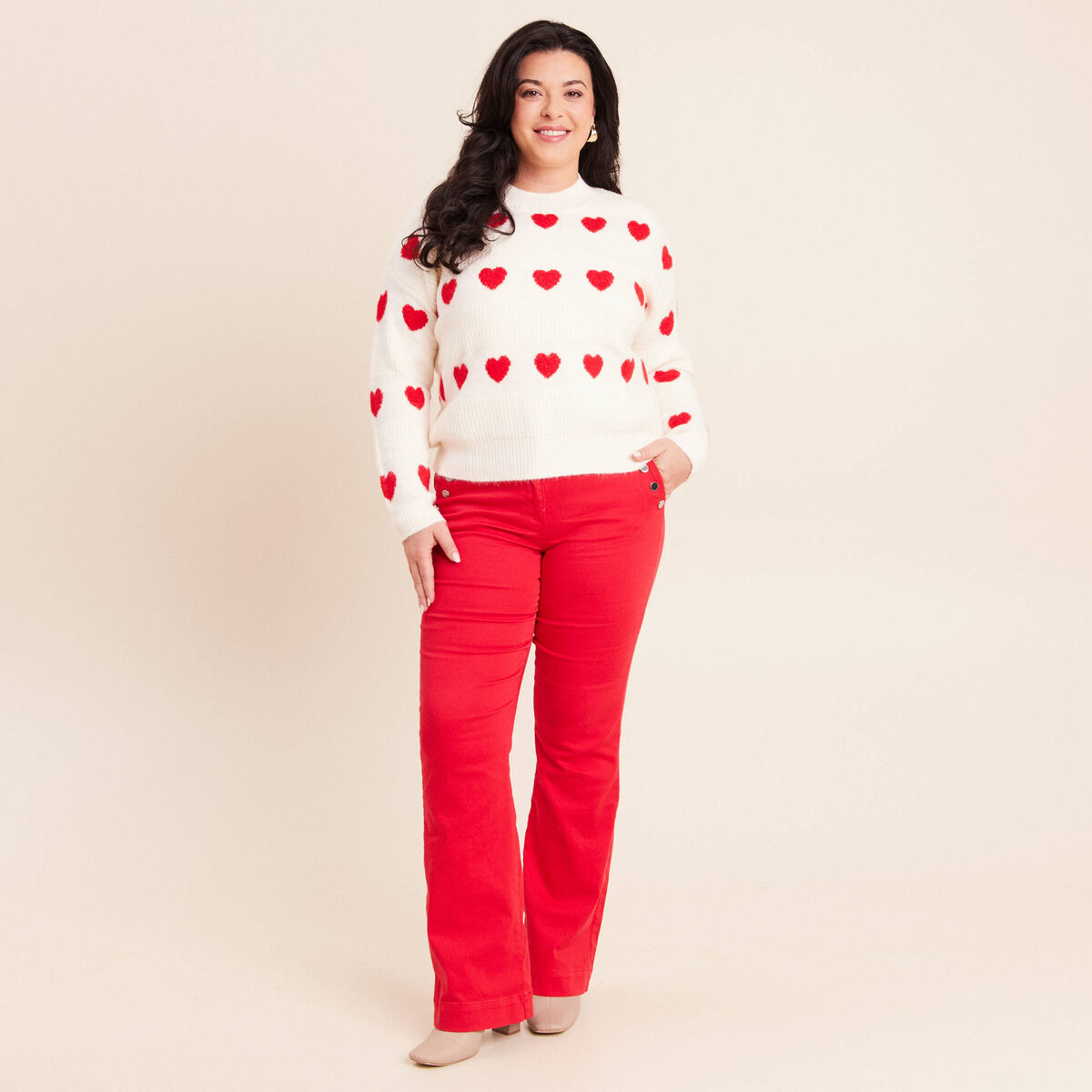 Pull col rond manches longues rouge femme