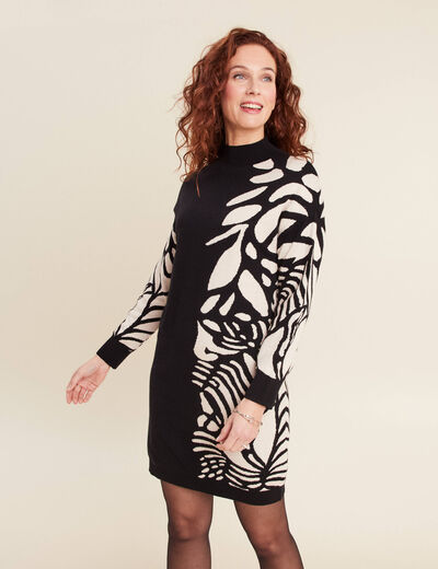 Robe tricot droite col montant noir femme
