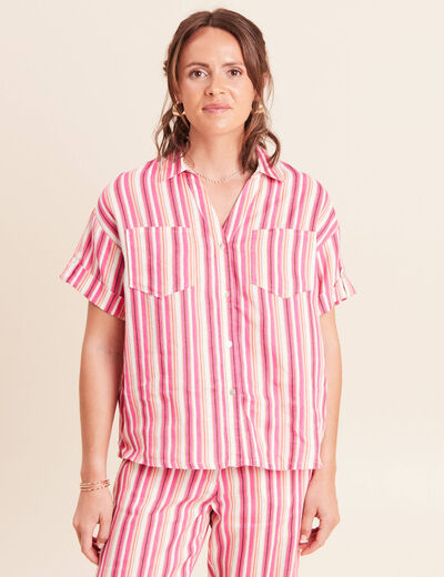 Chemise ample manches courtes aspect lin rose femme