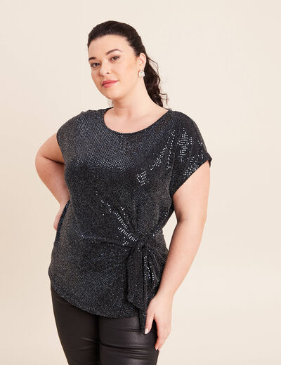 T-shirt cintr&eacute; &agrave; sequins col rond bleu marine femme