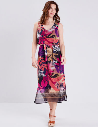 Robe longue droite ceinturée rose femme