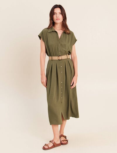Robe patineuse 3/4 col chemise vert kaki femme