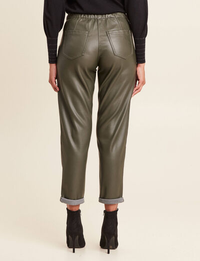 Pantalon paperbag simili cuir vert kaki femme