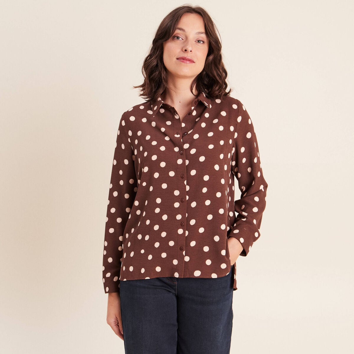Chemise fluide manches longues marron femme