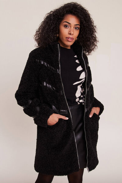 Manteau droit laine mouton noir femme