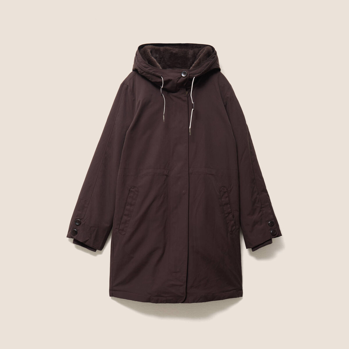 Parka &agrave; capuche taille ajustable marron fonc&eacute; femme