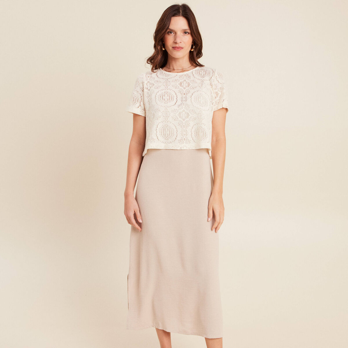 Robe 2 en 1 col rond gris clair femme