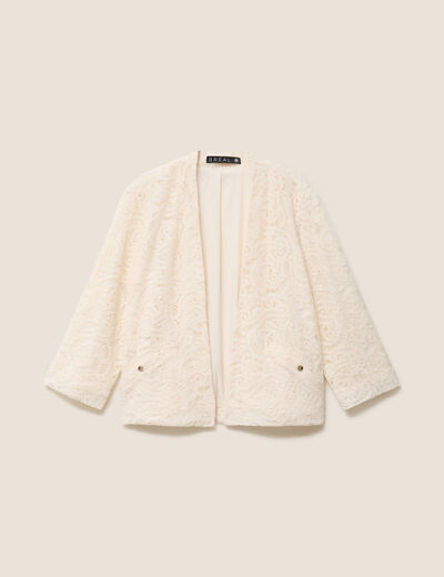 Veste brod&eacute;e bas resserr&eacute; manches 3/4 ecru femme