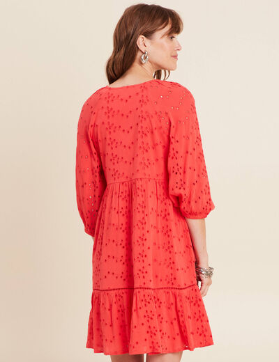 Robe courte manches 3/4 fluide rouge corail femme