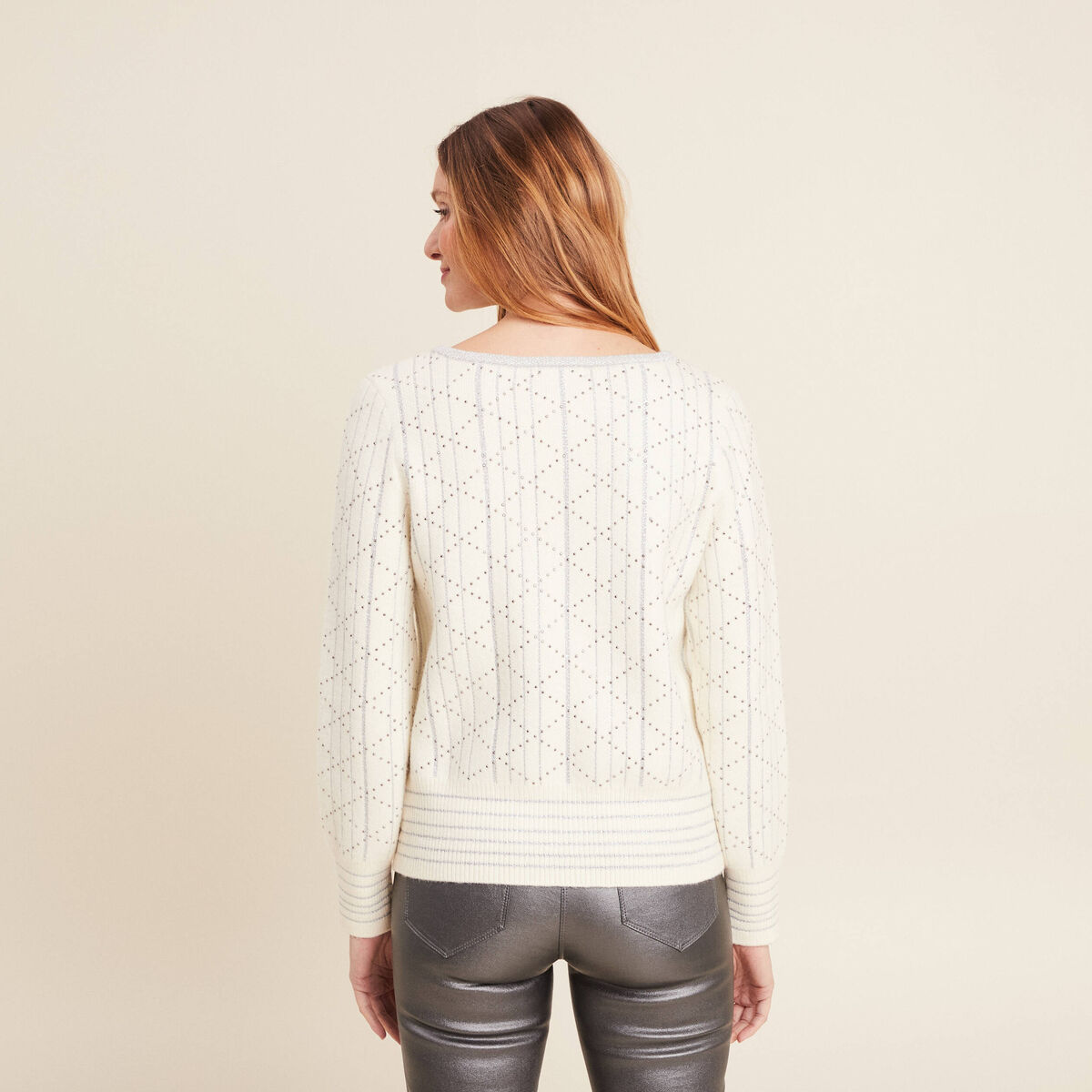 Pull manches longues clous ecru femme